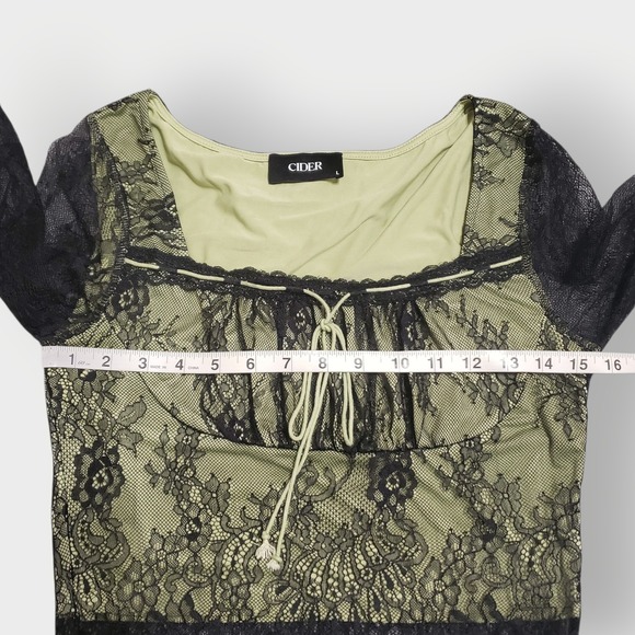 Cider Green Black Lace Flare Long Bell Sleeve Crop Top Fairycore Goth Large - Picture 9 of 12